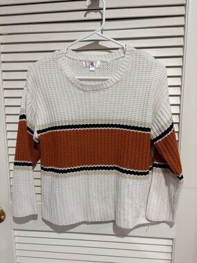 Ivory Crewneck Sweater with Rust Stripe Detail